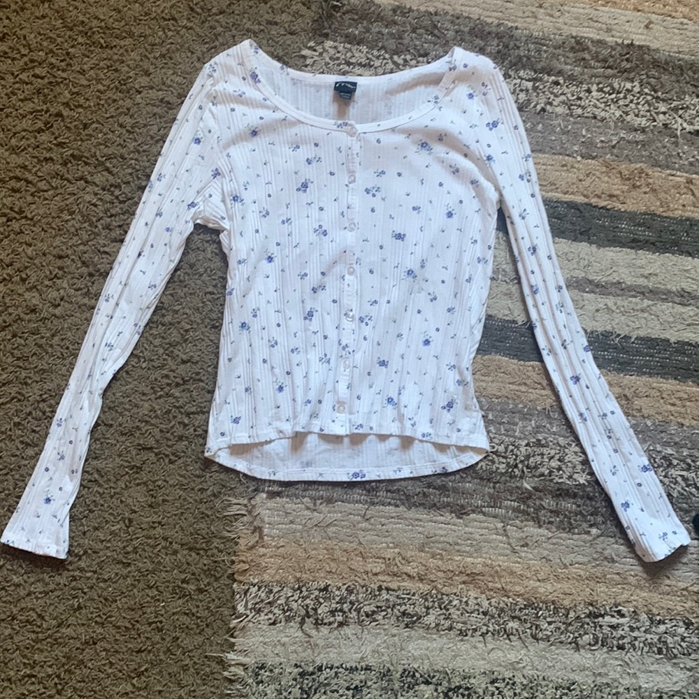 Long sleeve white with blue flowers shirt button up